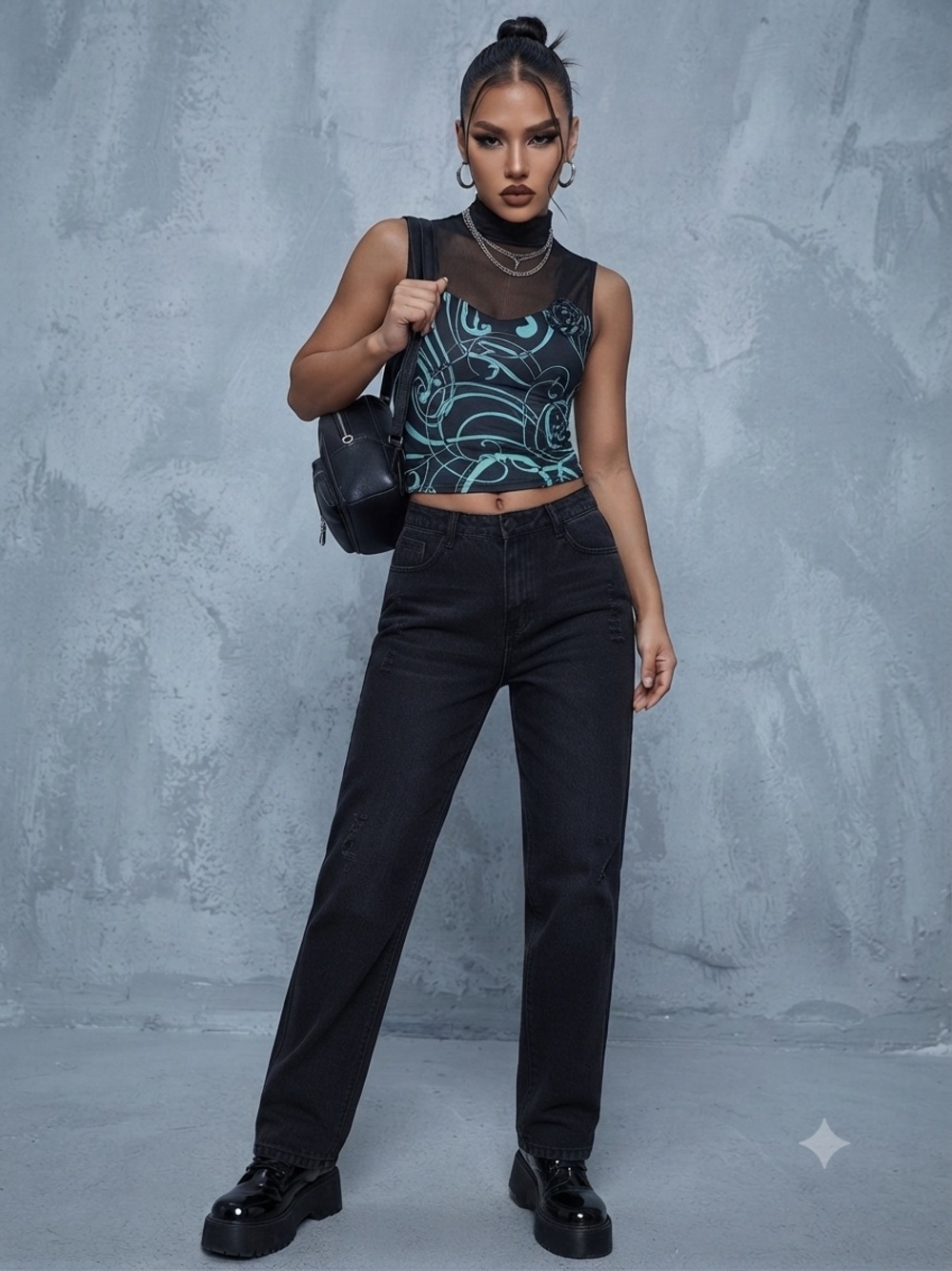 Suzie in the City Black & Aqua Swirl Mesh Top | Y2K Indie Sleaze Tank with Roset